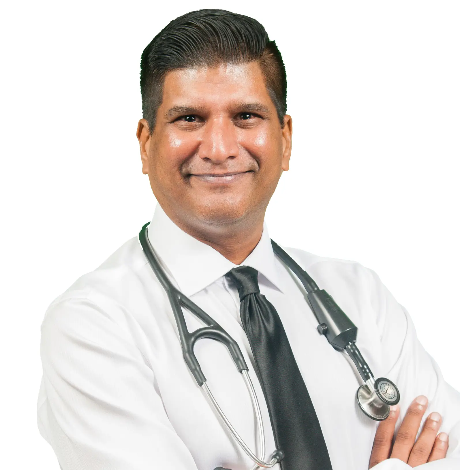 Doctor with stethoscope, smiling, wearing a white shirt and black tie, representing Desert Mobile Medical's commitment to quality at-home healthcare services.