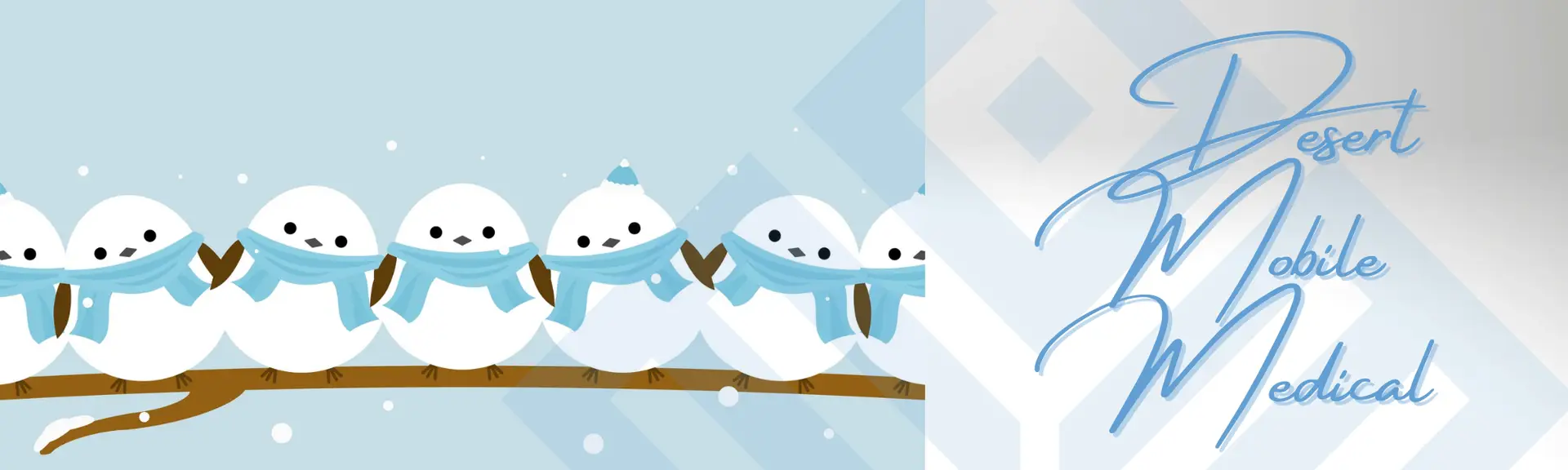 Snowmen wearing blue scarves sitting on a branch, with the text "Desert Mobile Medical" in elegant script, representing seasonal healthcare for winter visitors in Arizona.