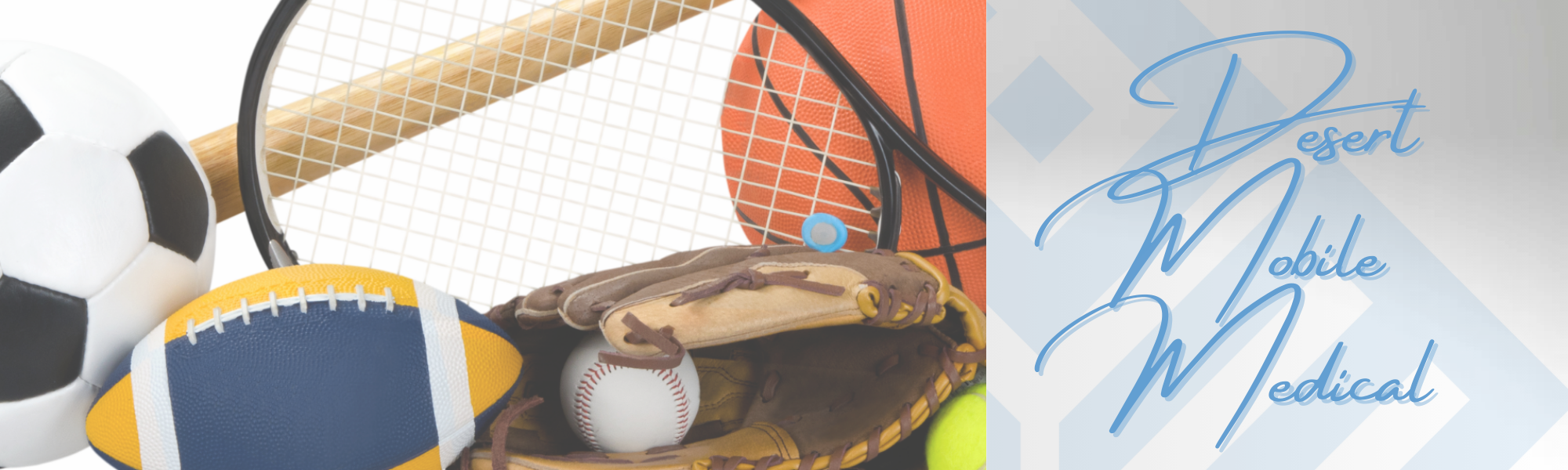 Sports equipment including a soccer ball, basketball, tennis racket, football, and baseball glove, with the text "Desert Mobile Medical" in a stylized font, emphasizing same-day in-home sports physicals for kids.