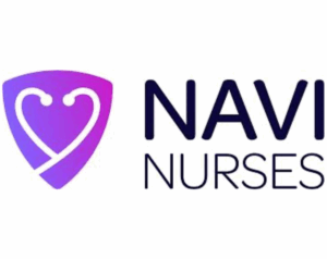 Navi Nurses logo featuring a heart and stethoscope design, symbolizing at-home healthcare services and collaboration with Desert Mobile Medical.