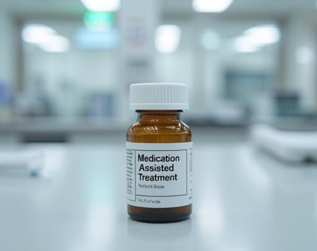 Medication-Assisted Treatment bottle with the background blurred