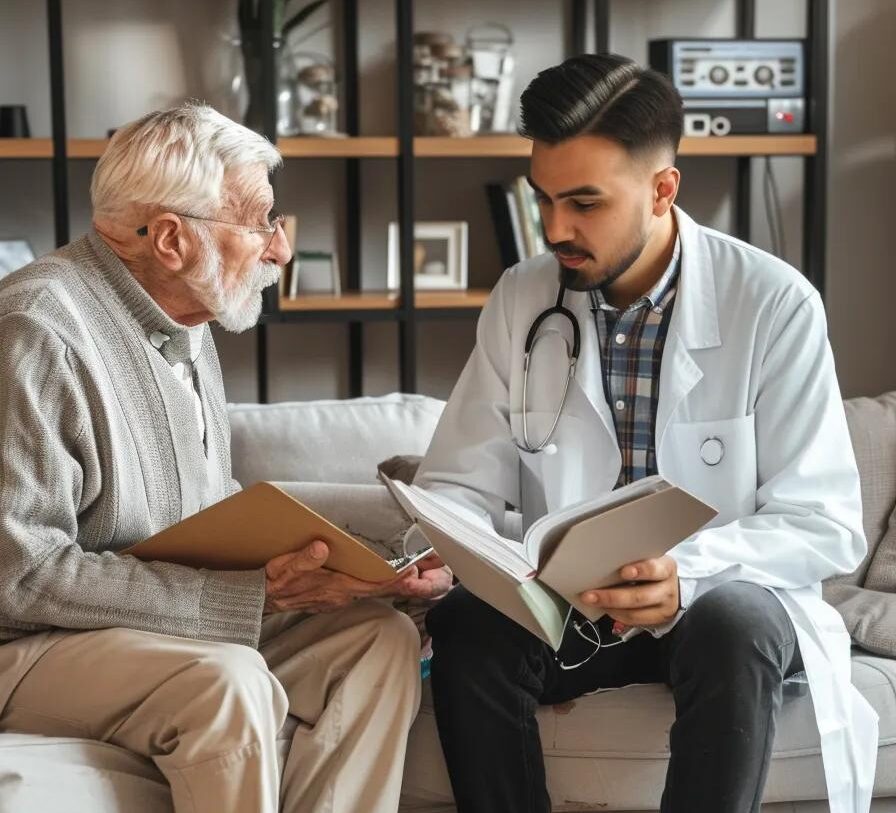 Doctor consulting with elderly patient in home setting, discussing health information and personalized care, emphasizing concierge and mobile primary care services.