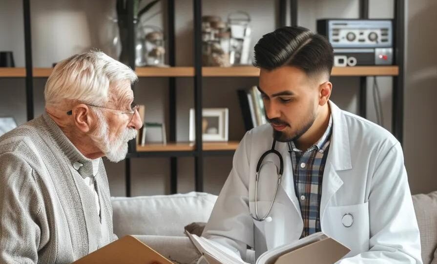 Doctor consulting with elderly patient at home, discussing medical records and personalized care in a comfortable setting, highlighting mobile healthcare services.