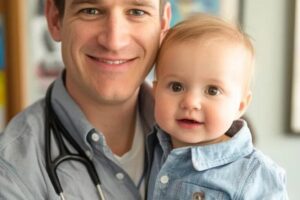 Doctor holding a baby, showcasing family-centered medical care, emphasizing personalized services for all ages in a home-like setting.