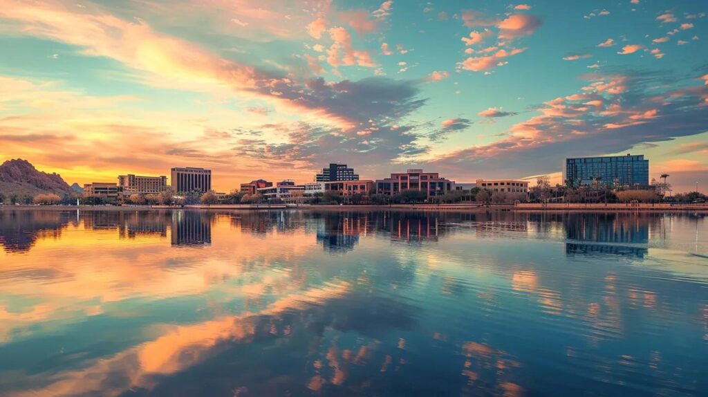 Sunset over Tempe, Arizona, reflecting on the water, featuring city skyline with buildings and mountains in the background.