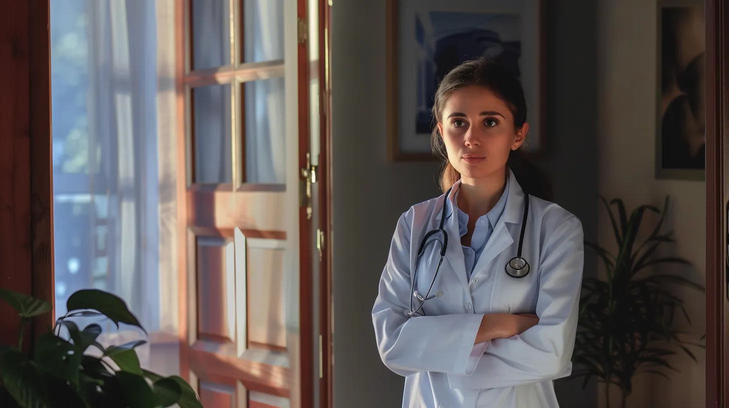 Female doctor in a white coat with a stethoscope, standing in a warmly lit doorway, symbolizing personalized mobile healthcare services in Phoenix.