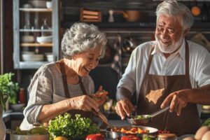 Senior couple cooking a healthy meal together in a bright kitchen