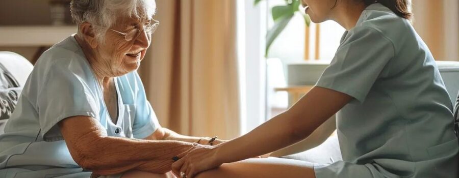 In-home arthritis care scene with a healthcare professional assisting an elderly patient in a cozy living room