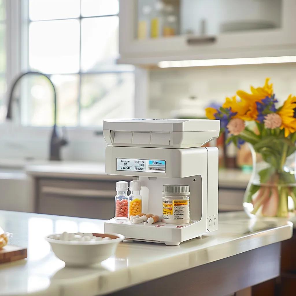 20260224-233651-81ef5c05a18f39ab-98b5669b-fb4f-42af-ac11-ab94f838aa4d.webp - Desert Mobile Medical | Concierge Physicians Sophisticated medication dispenser on a kitchen counter with organized pills and digital reminders