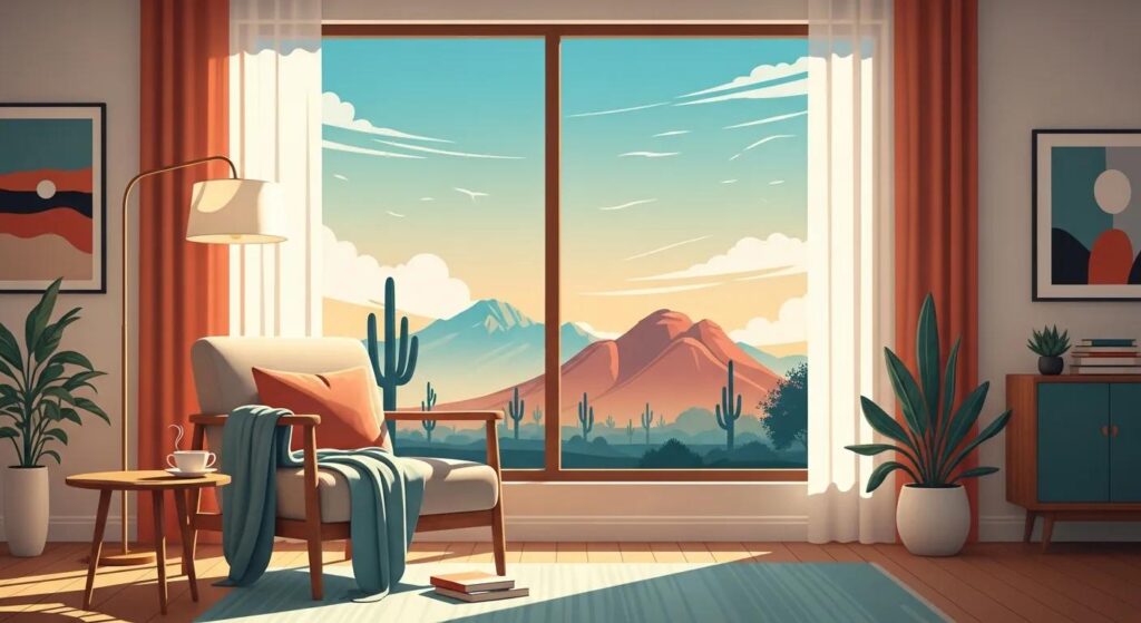 Cozy interior with a chair and lamp, overlooking a scenic desert landscape featuring mountains and cacti, reflecting the comfort of at-home care in Phoenix.