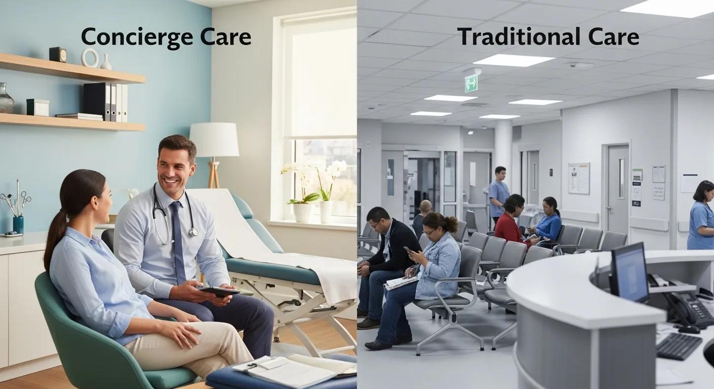 Concierge care setting with a smiling doctor and patient in a comfortable office, contrasted with a crowded traditional healthcare waiting room.