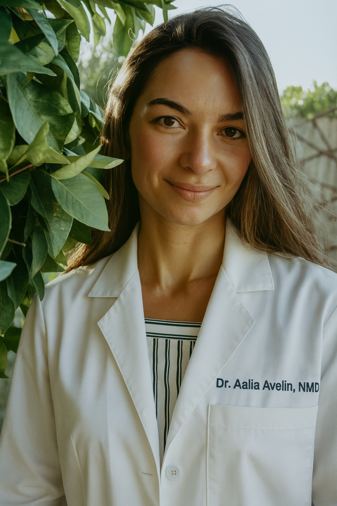 Dr. Aalia Avelin, NMD, in a white lab coat, smiling amidst green foliage, representing personalized concierge healthcare services.