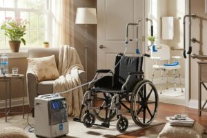 A collection of essential home medical equipment in a cozy living room, highlighting mobility and wellness solutions