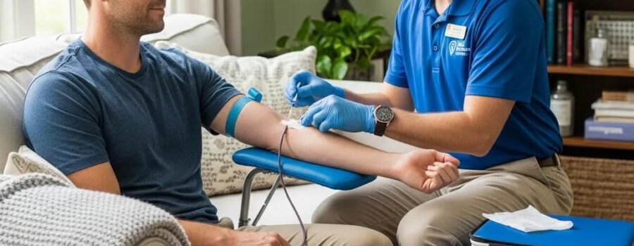 At-home blood draw service with a phlebotomist and patient in a cozy living room