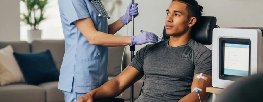 Athlete receiving mobile IV therapy in a comfortable home setting, highlighting performance and recovery