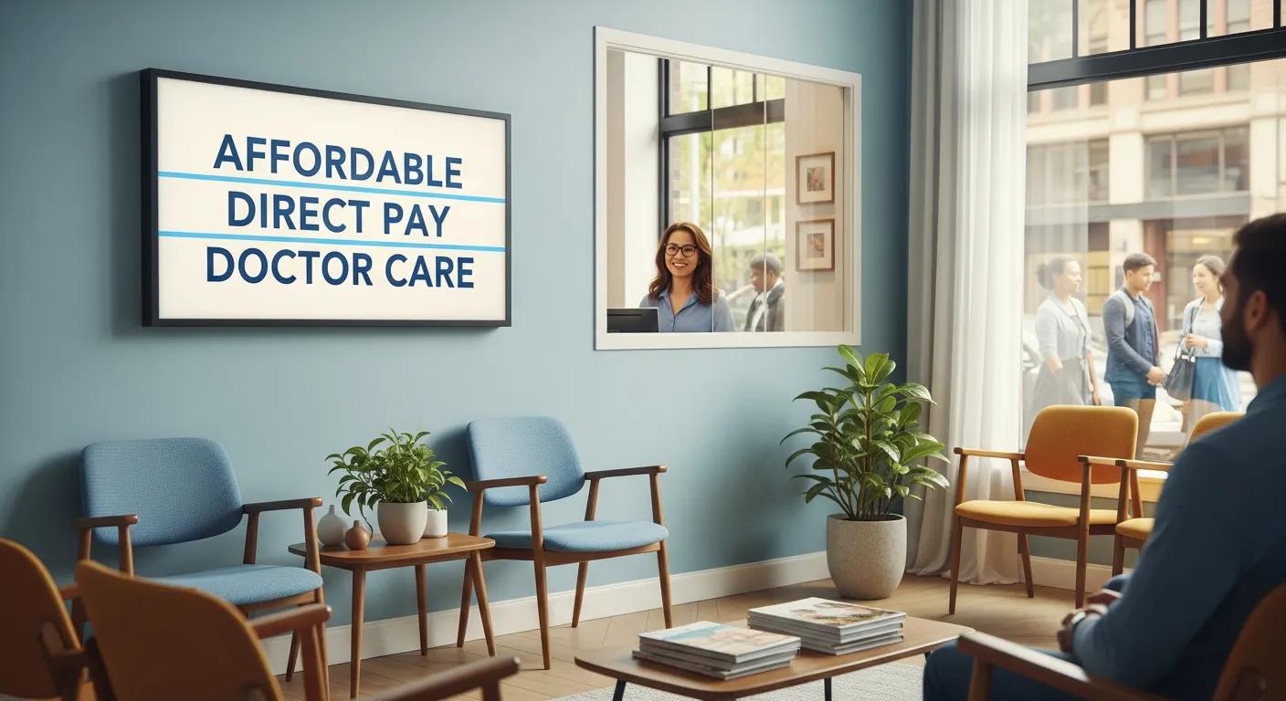 Affordable direct pay doctor care sign in a welcoming medical office, featuring a smiling receptionist behind a window, with comfortable seating and a view of people outside.