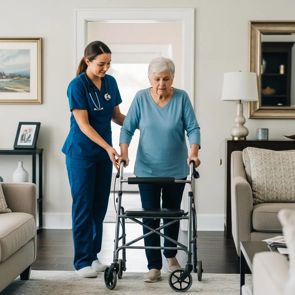 Caregiver assisting a patient with mobility challenges in a stylish home setting