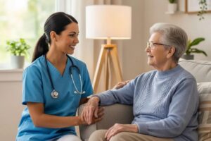 Caregiver providing personalized support to an elderly patient in a cozy home environment