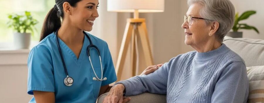 Caregiver providing personalized support to an elderly patient in a cozy home environment