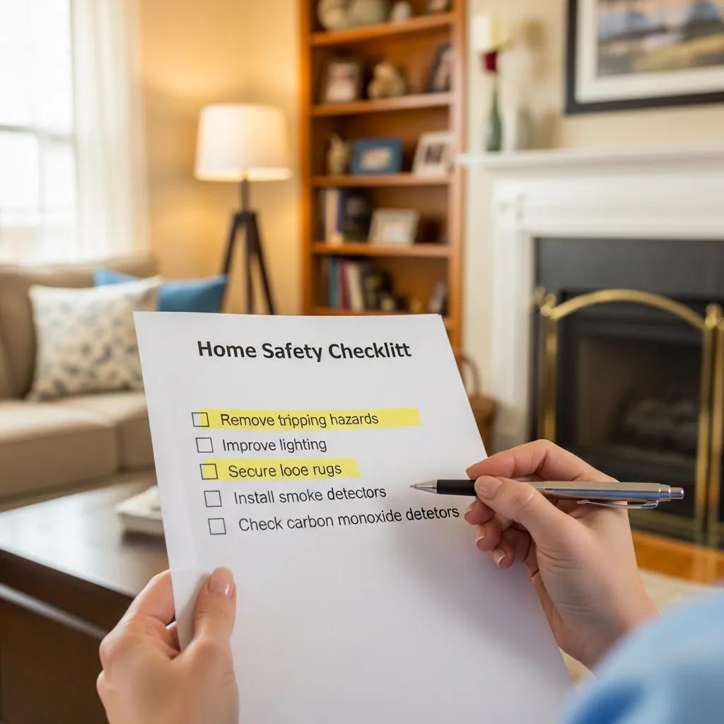 Caregiver reviewing a home safety checklist to reduce fall risks for seniors