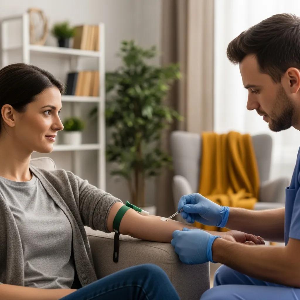 Client receiving a blood test at home with a phlebotomist