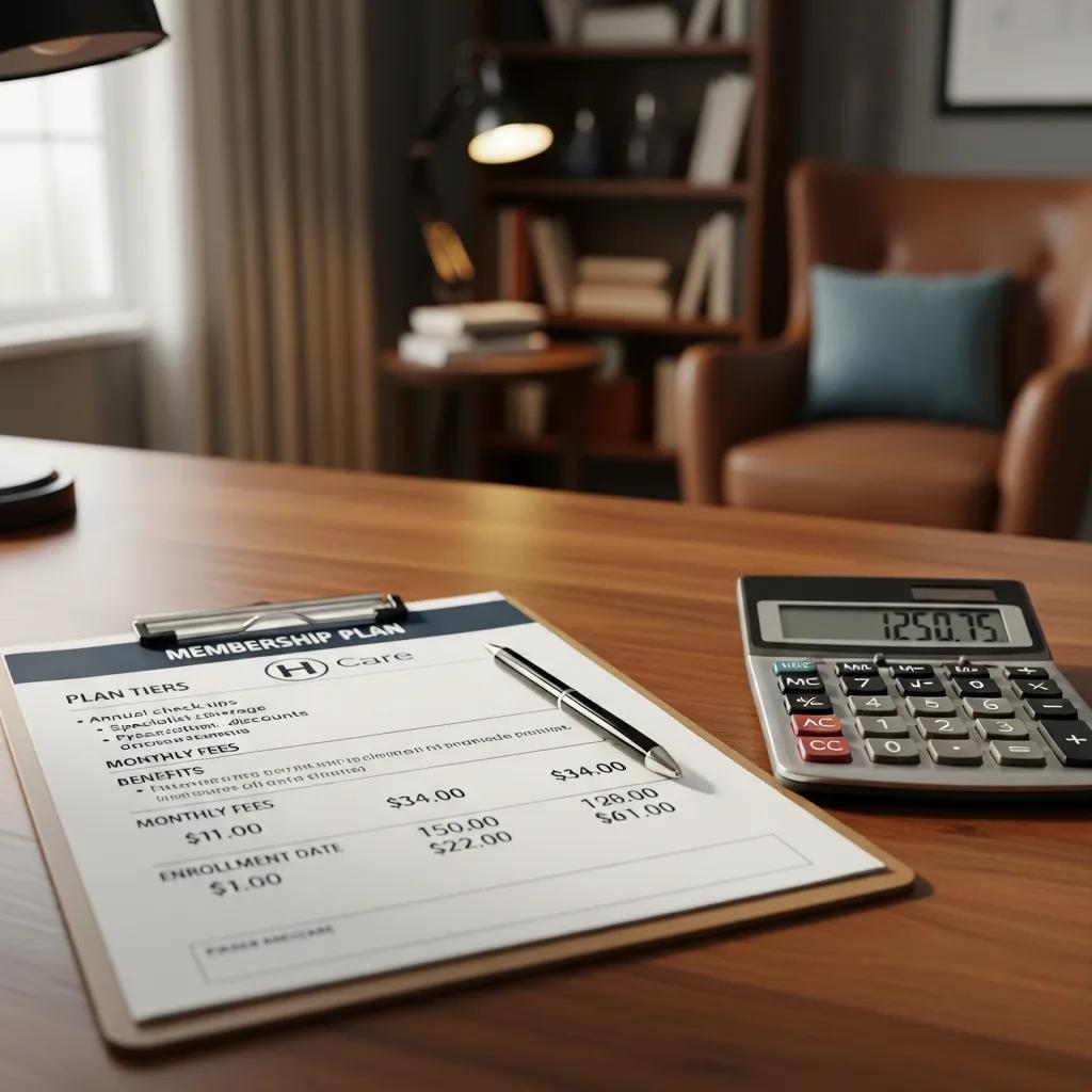 Clipboard with membership plan and calculator representing healthcare costs