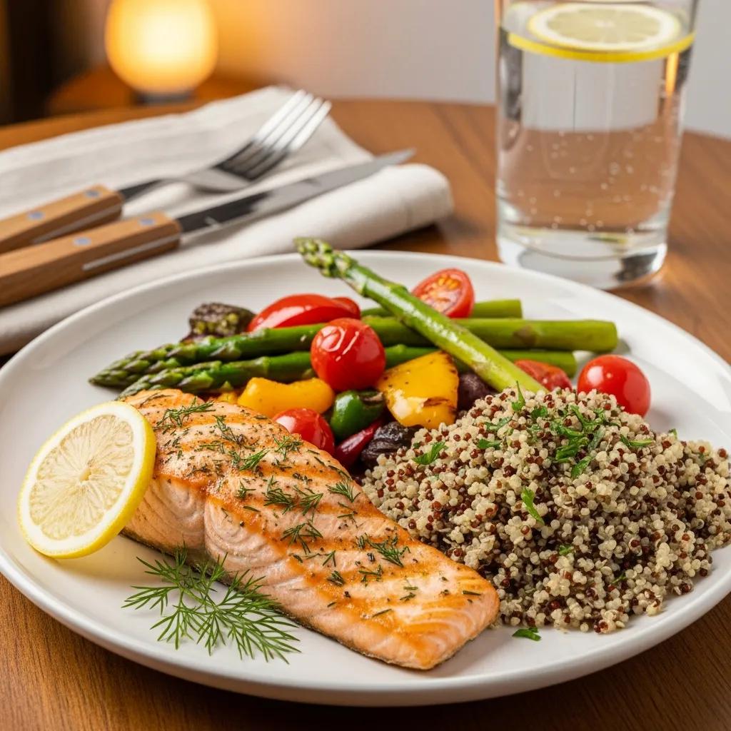Close-up of a balanced healthy meal on a dining table emphasizing nutritious eating