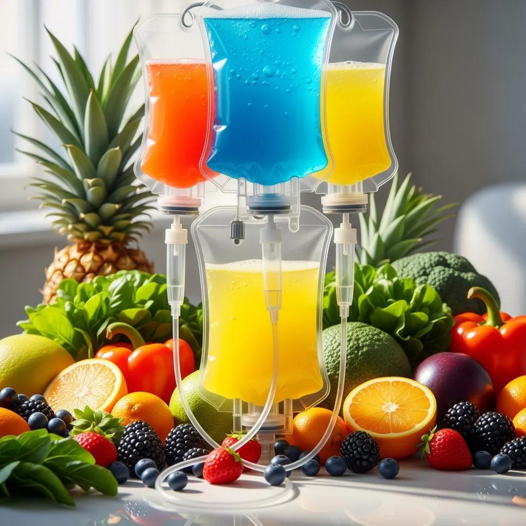 Close-up of an IV drip bag with colorful hydration solutions and fresh produce, representing health benefits for athletes