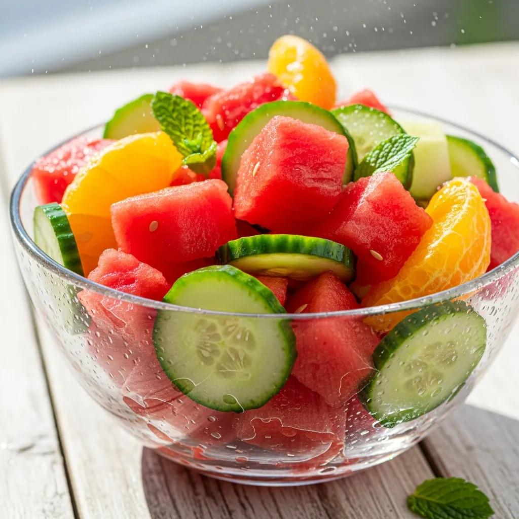 Colorful fruit salad with watermelon, cucumbers, and oranges promoting hydration in the heat