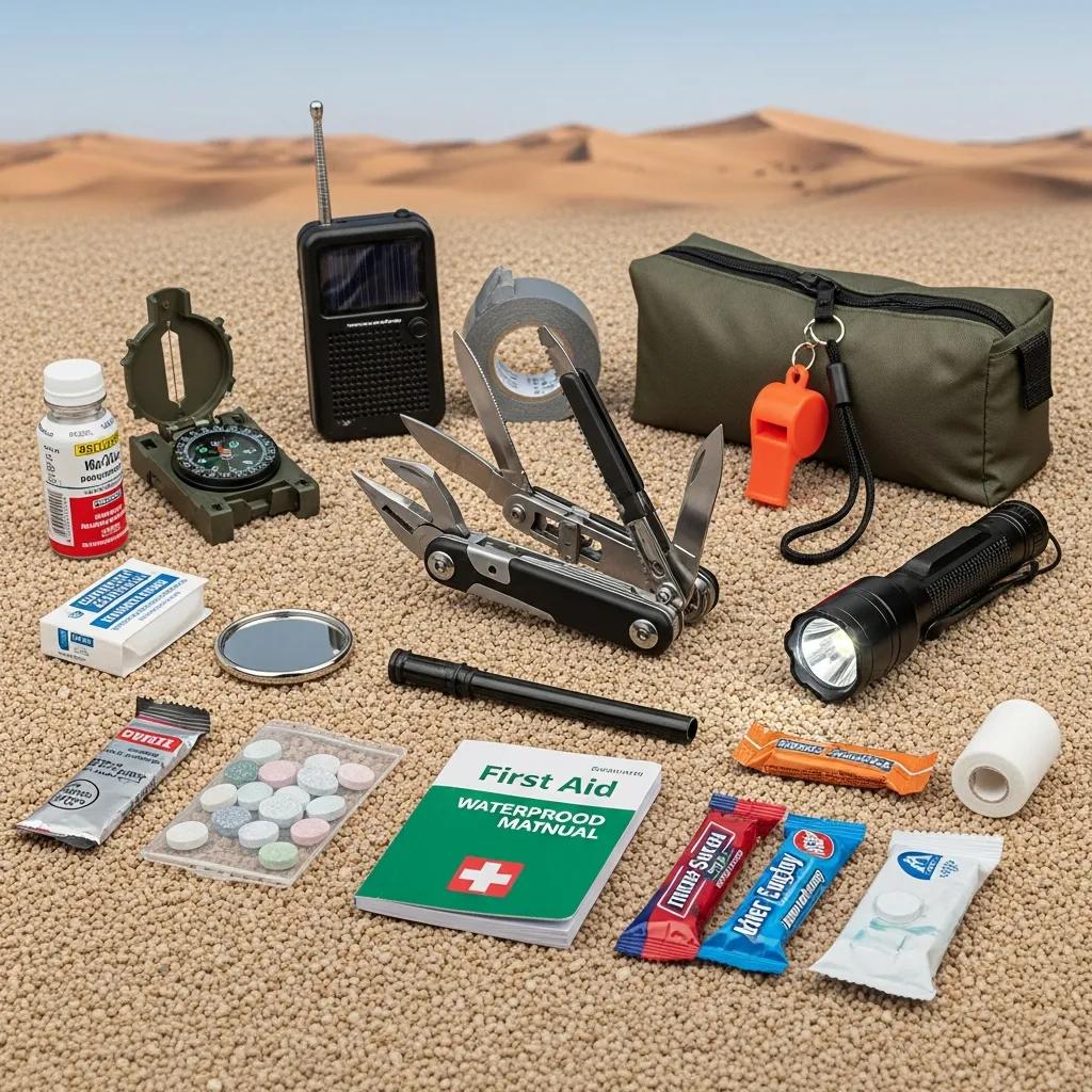 Comprehensive emergency survival kit items displayed on desert sand