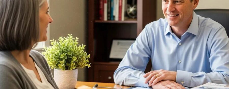 Concierge doctor consulting with a patient in a welcoming office environment