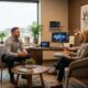 Concierge doctor providing personalized medical care in a welcoming office setting with patient consultation and digital health display.