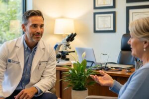 Concierge doctor providing personalized care to a patient in a welcoming office
