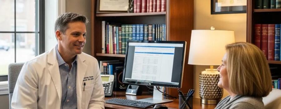 Concierge doctor providing personalized care to a patient in a welcoming office setting