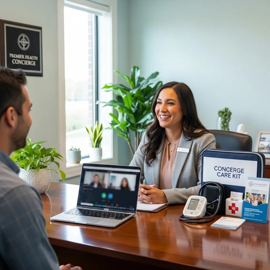 Concierge medicine physician discussing telehealth and home visit options with a patient, showcasing a laptop with a video call, a concierge care kit, and a personalized healthcare setting.