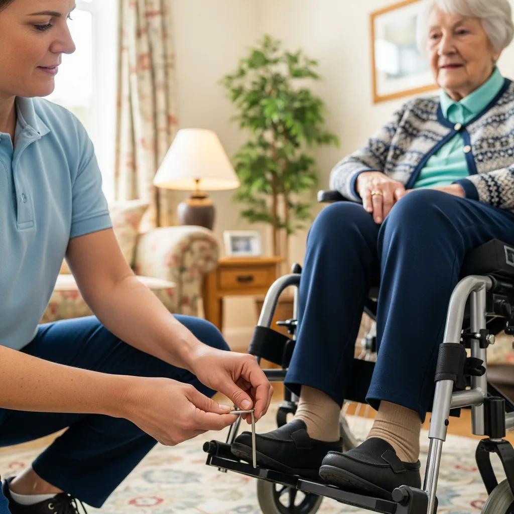 Consultant fitting a mobility device for a client in a home setting