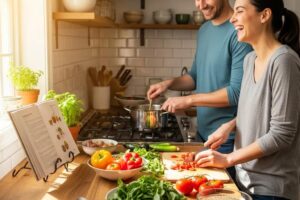 Couple cooking together in a bright kitchen, emphasizing meal planning for small households