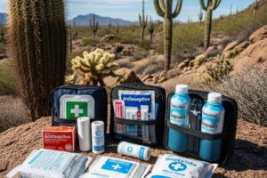 Desert hiking medical kit essentials displayed on rocky terrain with Arizona landscape