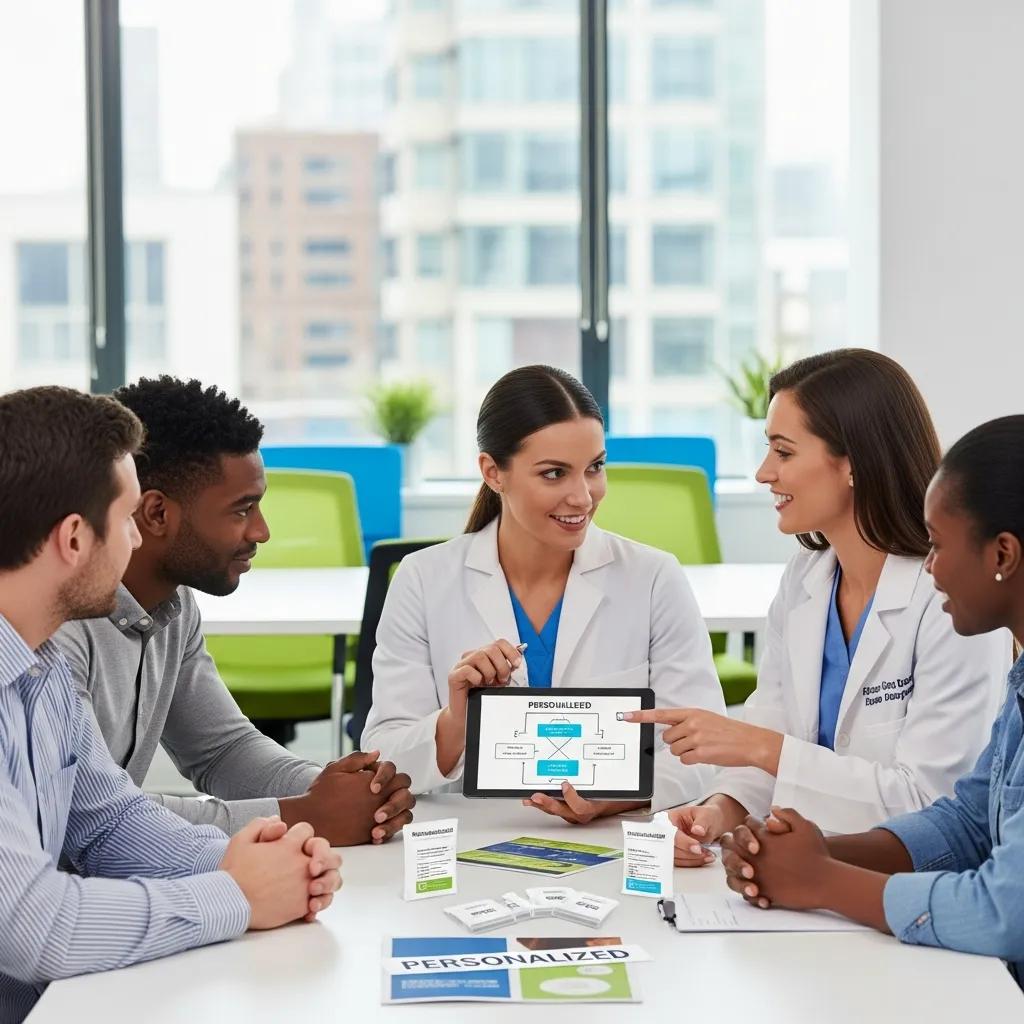 Diverse employees engaging in a personalized drug testing program with a healthcare professional