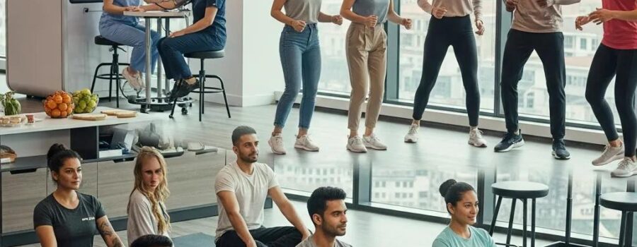 Diverse employees engaging in corporate wellness activities in a modern office setting