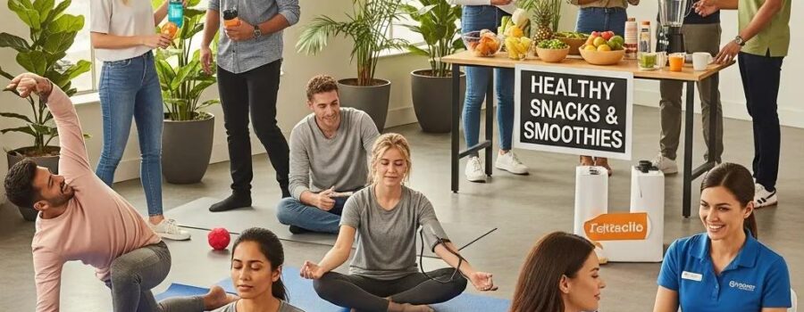 Diverse employees engaging in corporate wellness activities in a vibrant workplace