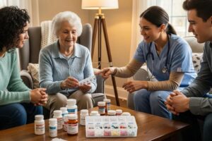 Diverse group discussing safe medication management in a cozy living room