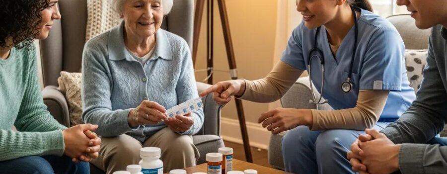 Diverse group discussing safe medication management in a cozy living room