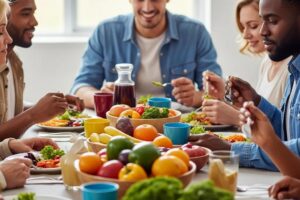 Diverse group enjoying healthy meals in a community setting, highlighting food assistance and wellness