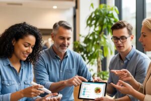 Diverse group of individuals actively managing diabetes with technology and support