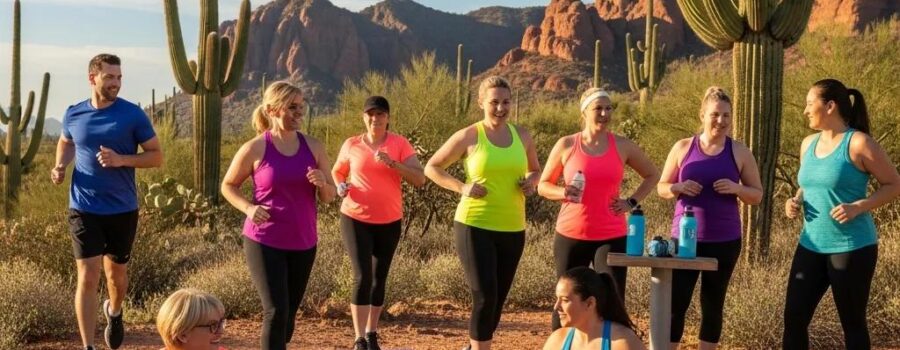 Diverse group of individuals in Phoenix celebrating weight loss success outdoors
