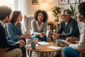 Diverse individuals discussing health advocacy in a supportive environment