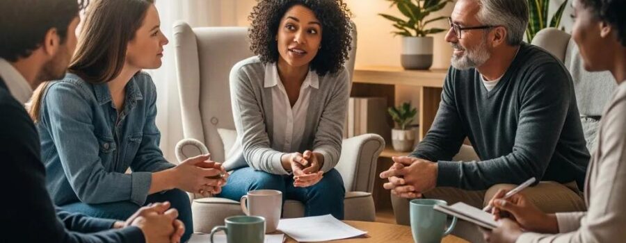 Diverse individuals discussing health advocacy in a supportive environment