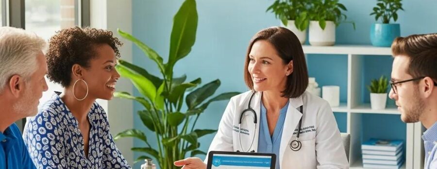 Diverse individuals engaged in a medical weight loss program consultation with a physician