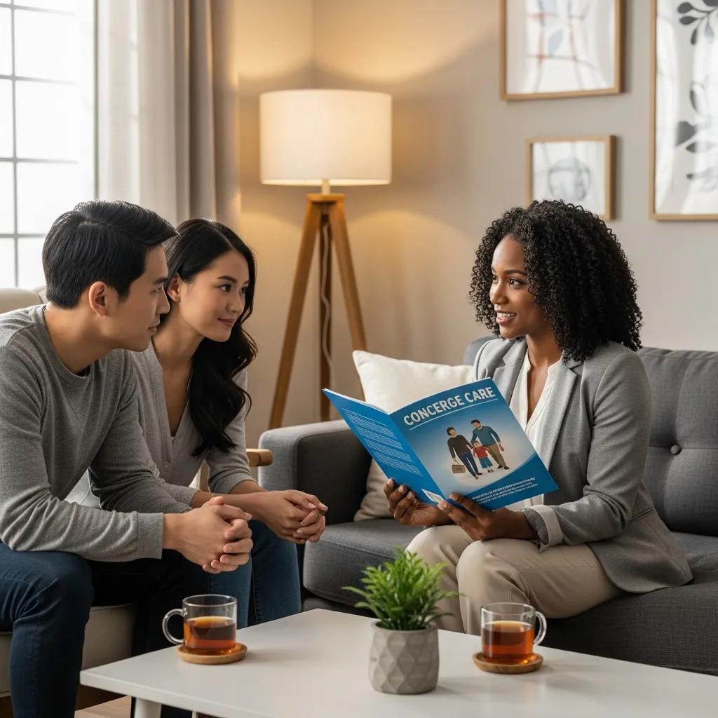 Doctor discussing concierge medicine membership options with a couple in a cozy living room, highlighting personalized healthcare services.
